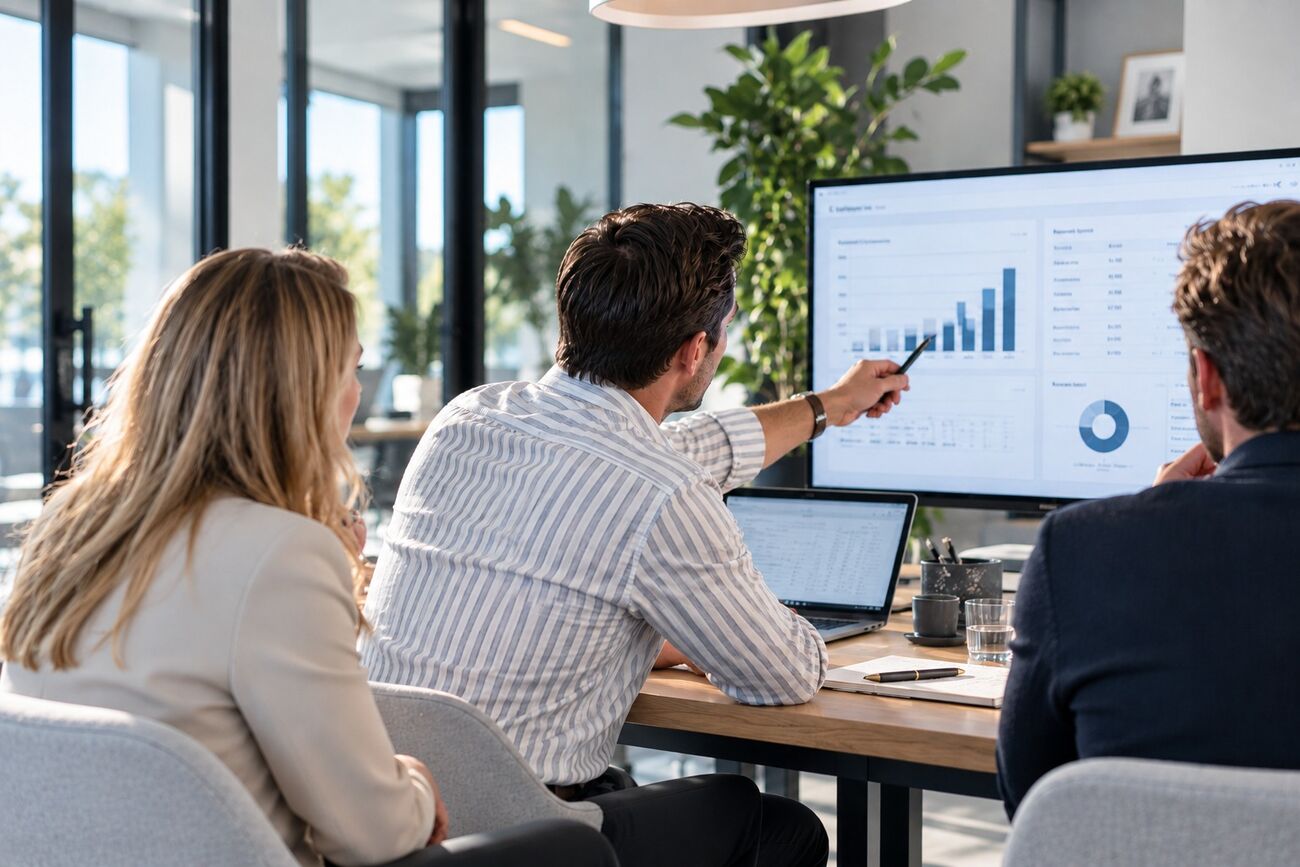 Adviseur bekijkt cijfers met een ondernemer